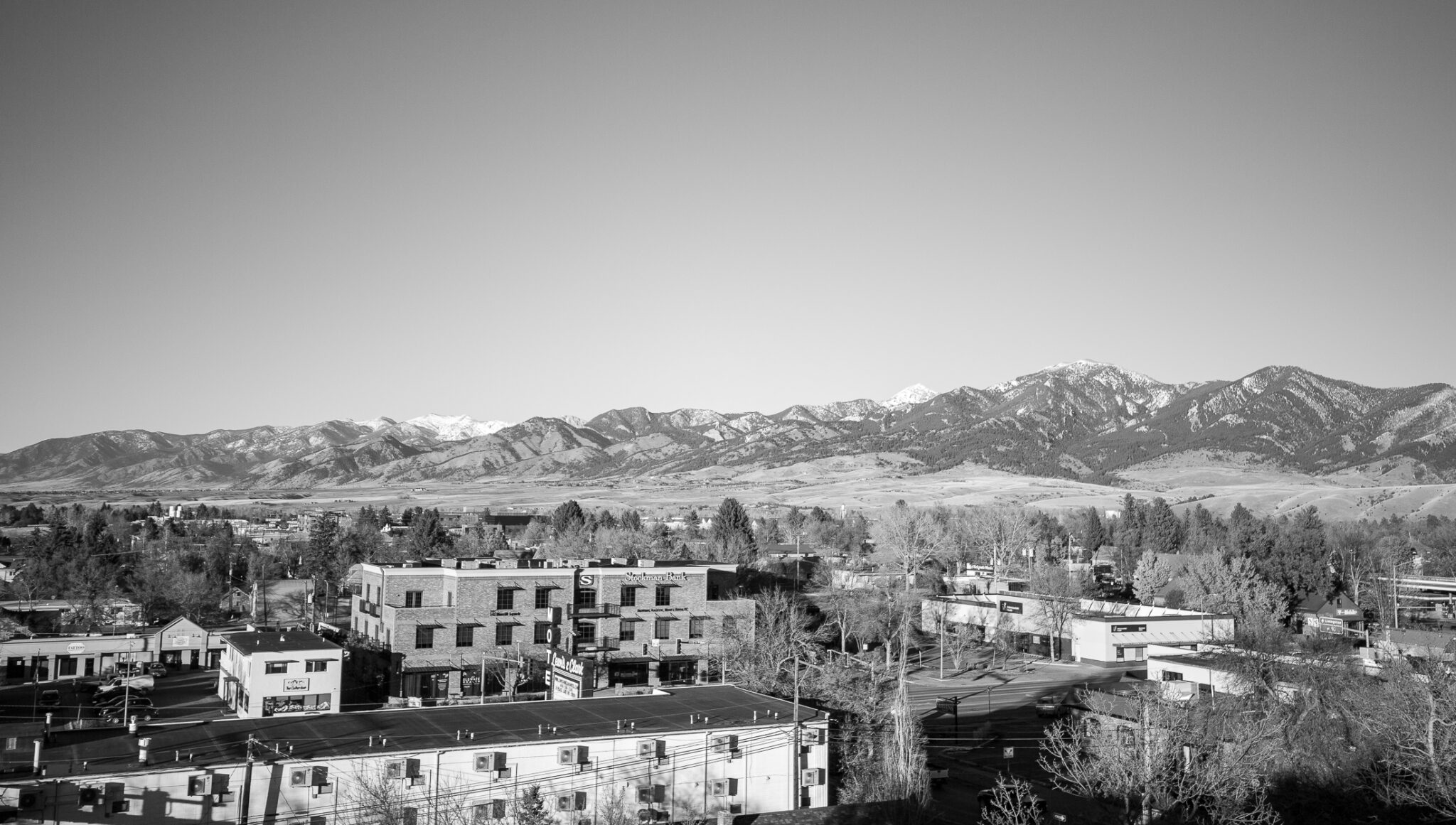 Bozeman view from above with mountain range in the background