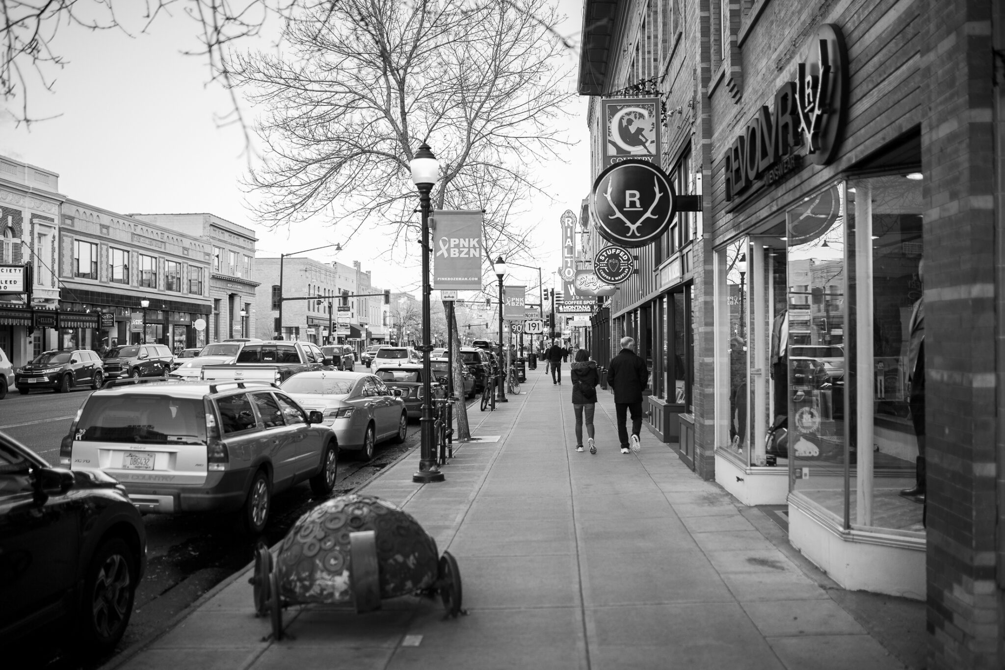 Bozeman street night view in black and white