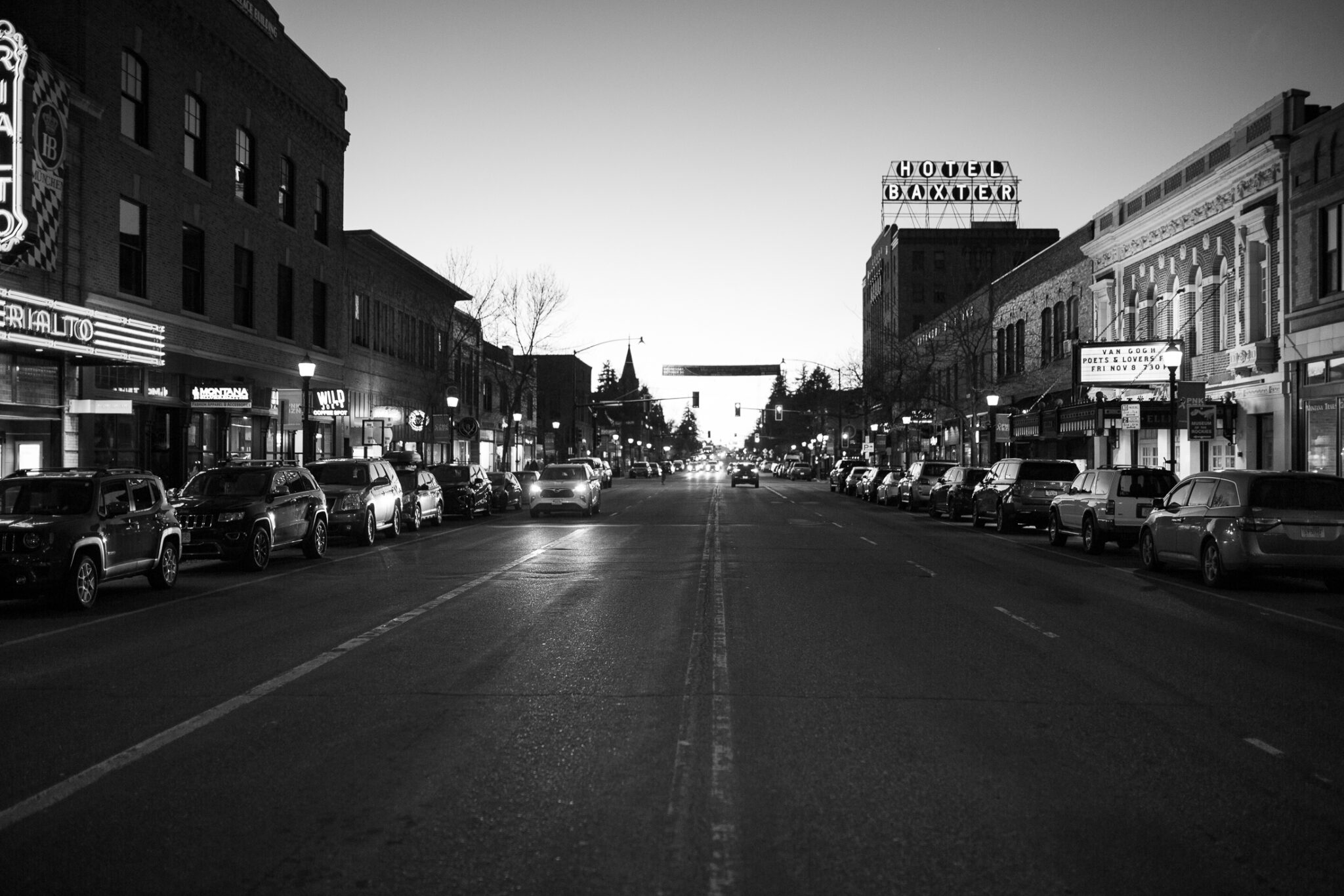 Bozeman street night view in black and white
