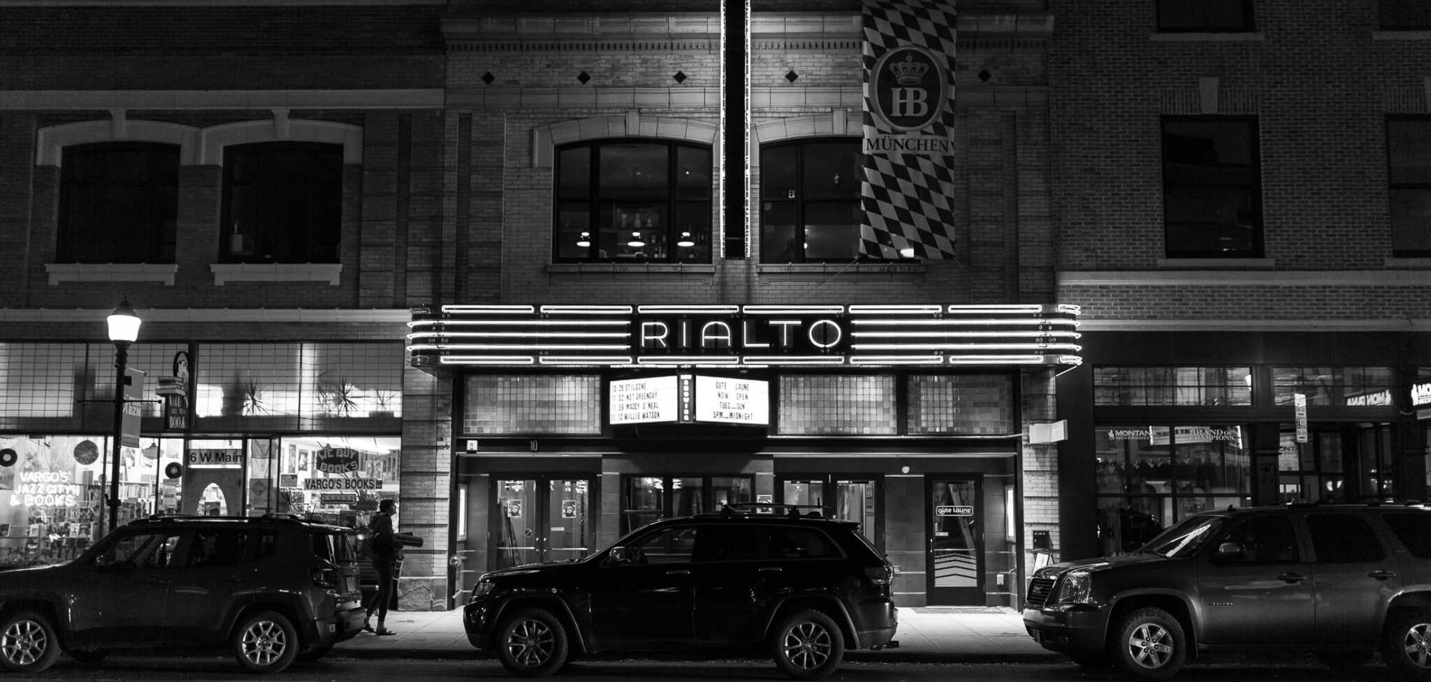 street view in black and white, Rialto theater